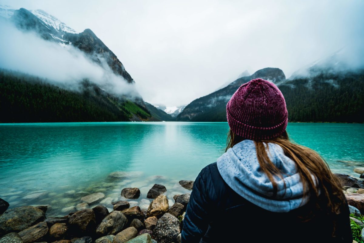 Photo looking out at Lake Louise on a cloudy day.